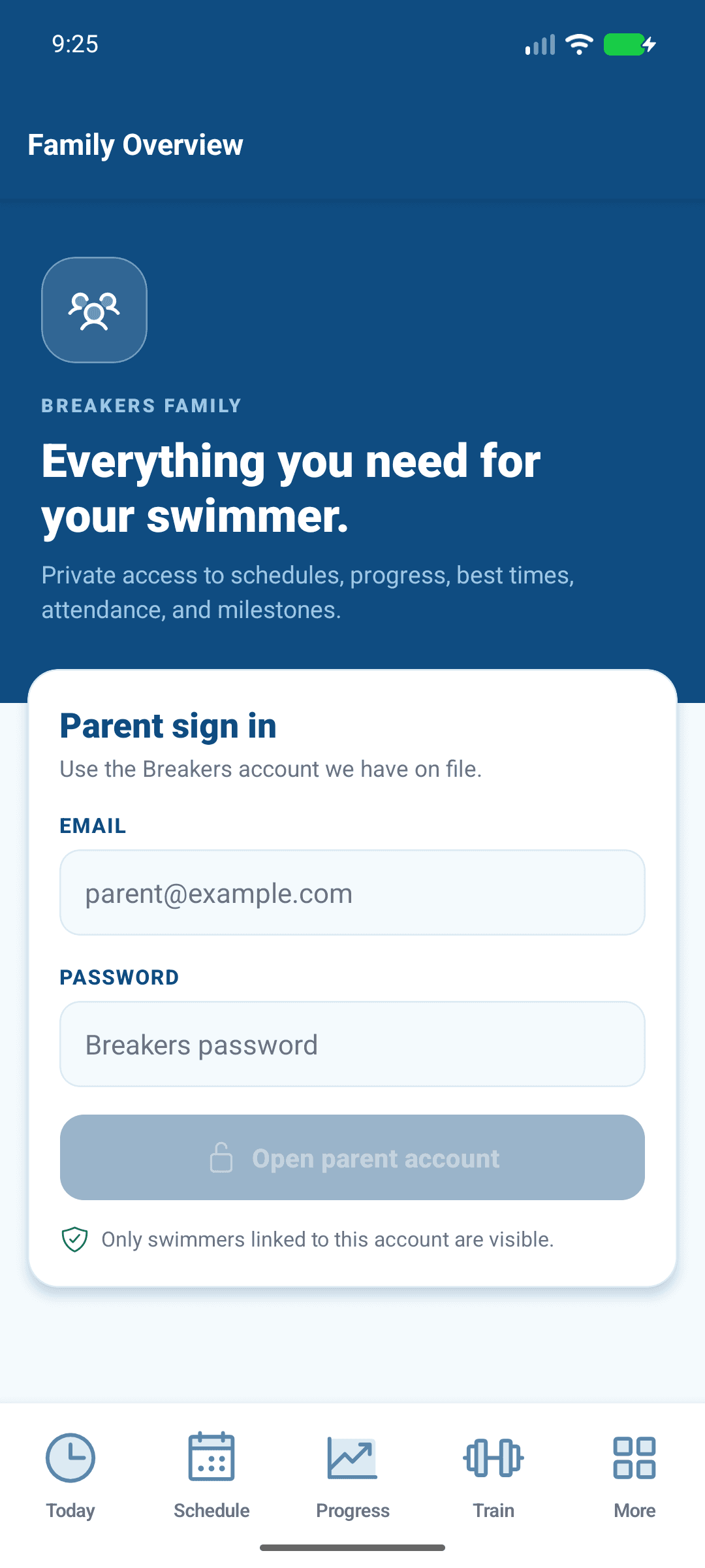 Parent account: sign in with your email and password.