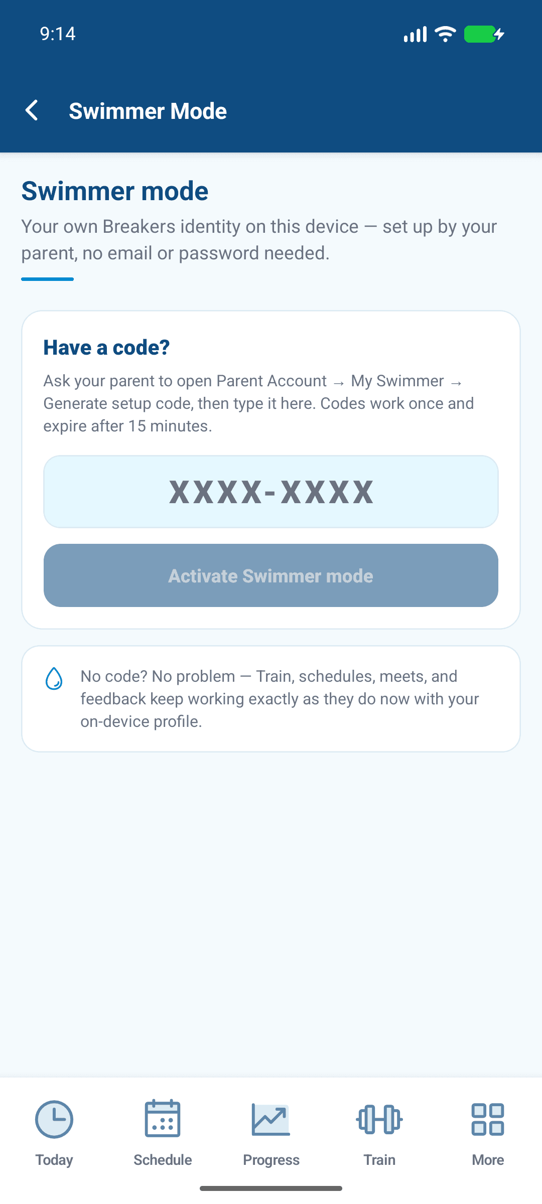 Swimmer mode: enter the one-time device setup code.